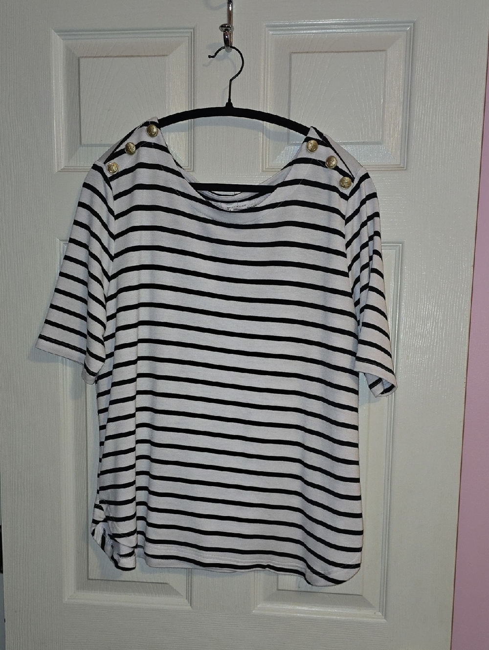 Jane and Delancey Black and White Striped Short-Sleeve Top with Gold Buttons